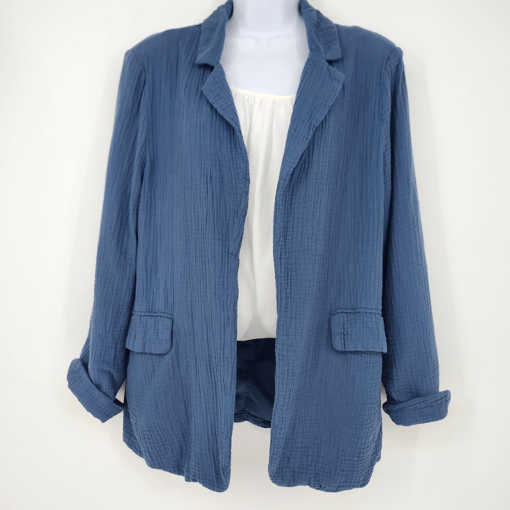 Stoosh Womens Blue Cotton Gauze Textured  Blazer Size M Casual Chic Open Front